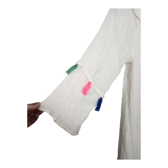 True Destiny Boho Colorful Tasseled Off the Shoulder Mini Dress Rayon Size Large - Picture 3 of 8